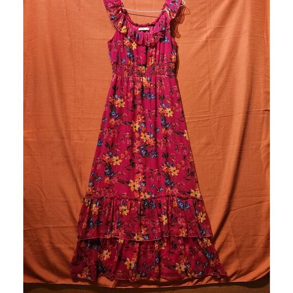 Old Navy Maxi Dress Size Small Fushia Pink Floral Ruffle Hem Sleeveless Boho - Picture 1 of 8